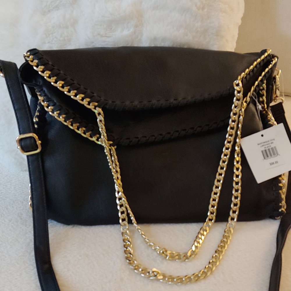 Designer Style Stella McCartney Style Crossbody Clutch Bag Black Gold Chain - Picture 4 of 15